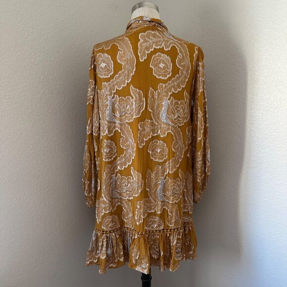 Anthropologie Maeve Flowy Mini Dress Tie Neck Long Cuffed Sleeve Gold Metallic L - Picture 5 of 16